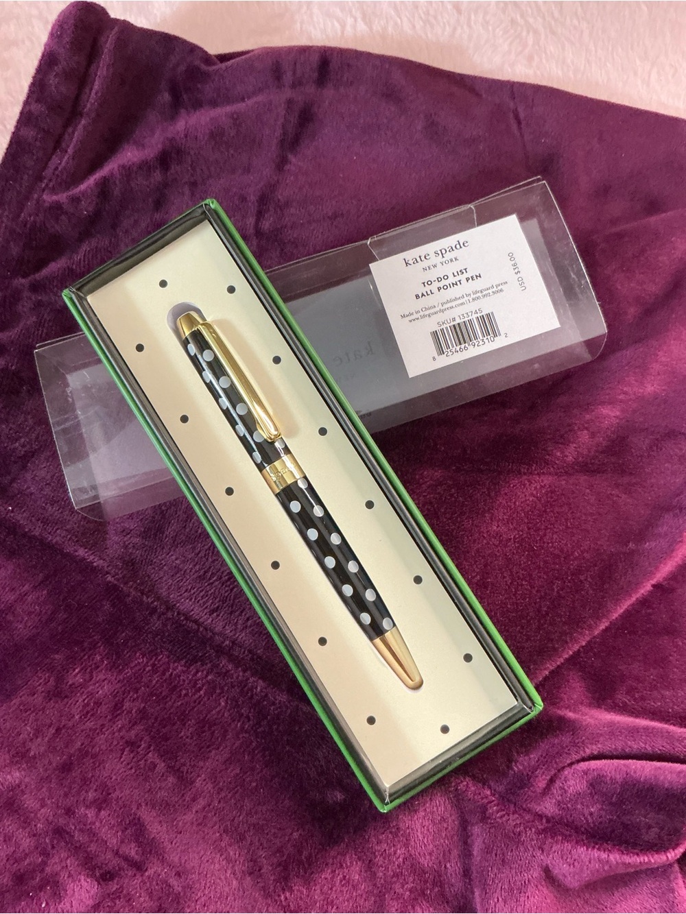 NWT Kate Spade New York Polka Dot Ballpoint Pen Gift Box Black & White